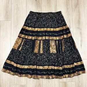 y2k Multiples boho Black Gold Floral Batik Tiered Midi Skirt Elastic Waist Large